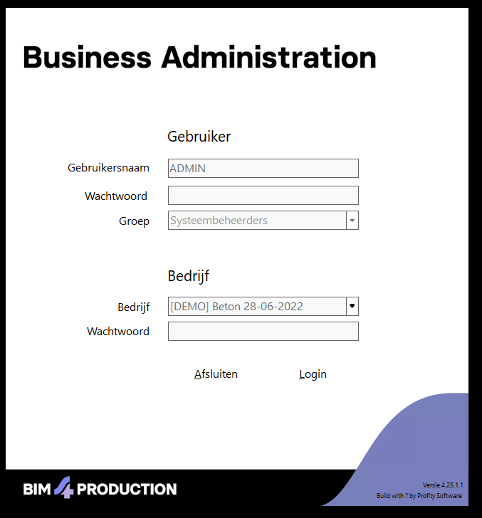Het inlogscherm van BIM4Production Business Administration